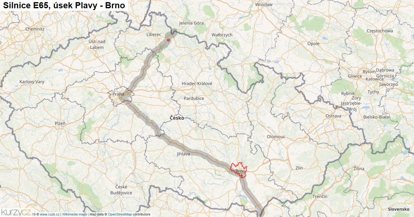 Úsek Plavy - Brno, Silnice E65 - Mapa