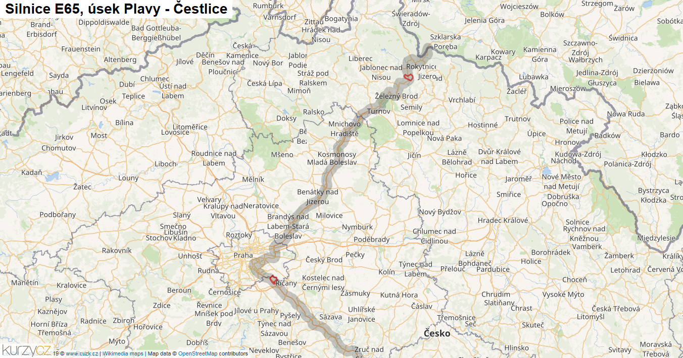 Úsek Plavy - Čestlice, Silnice E65 - Mapa