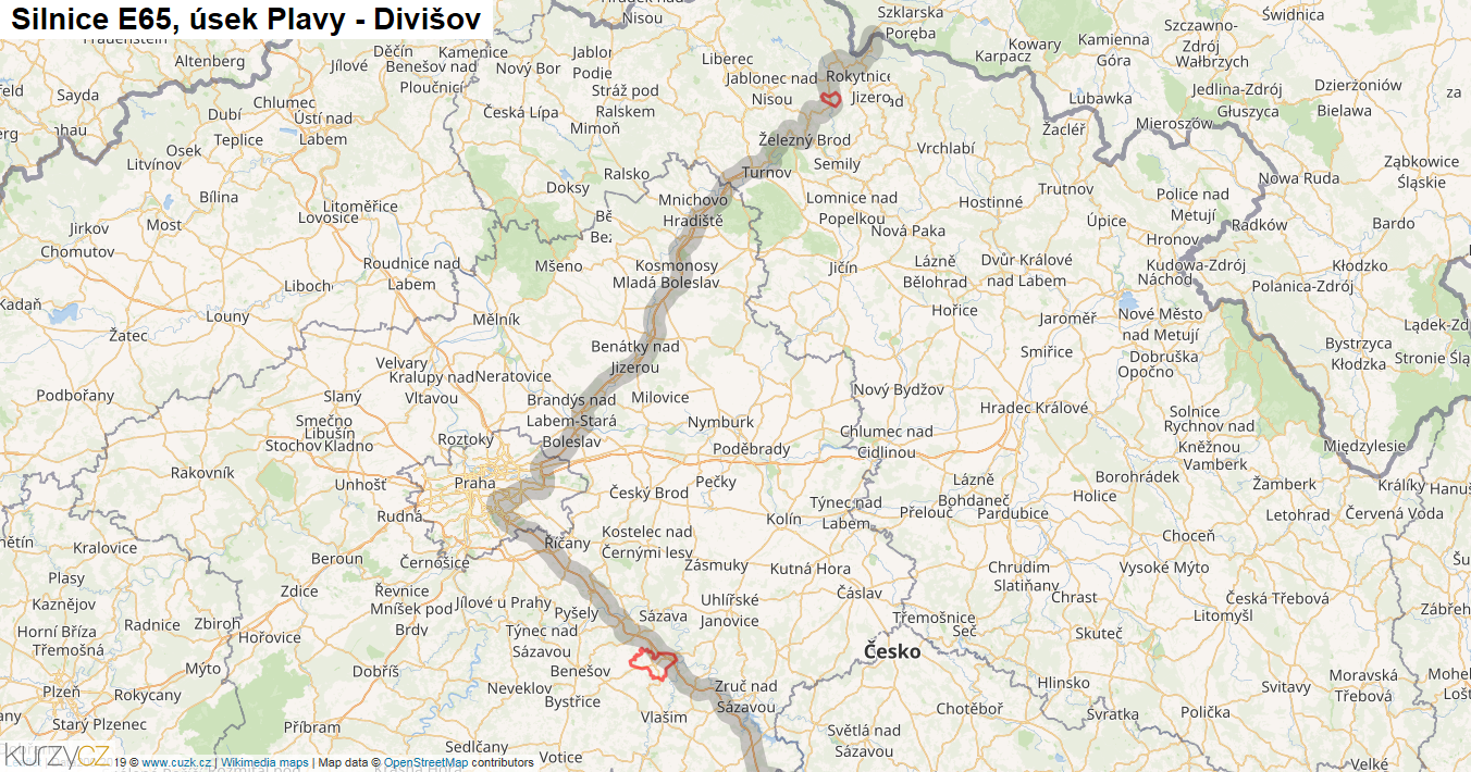 Úsek Plavy - Divišov, Silnice E65 - Mapa