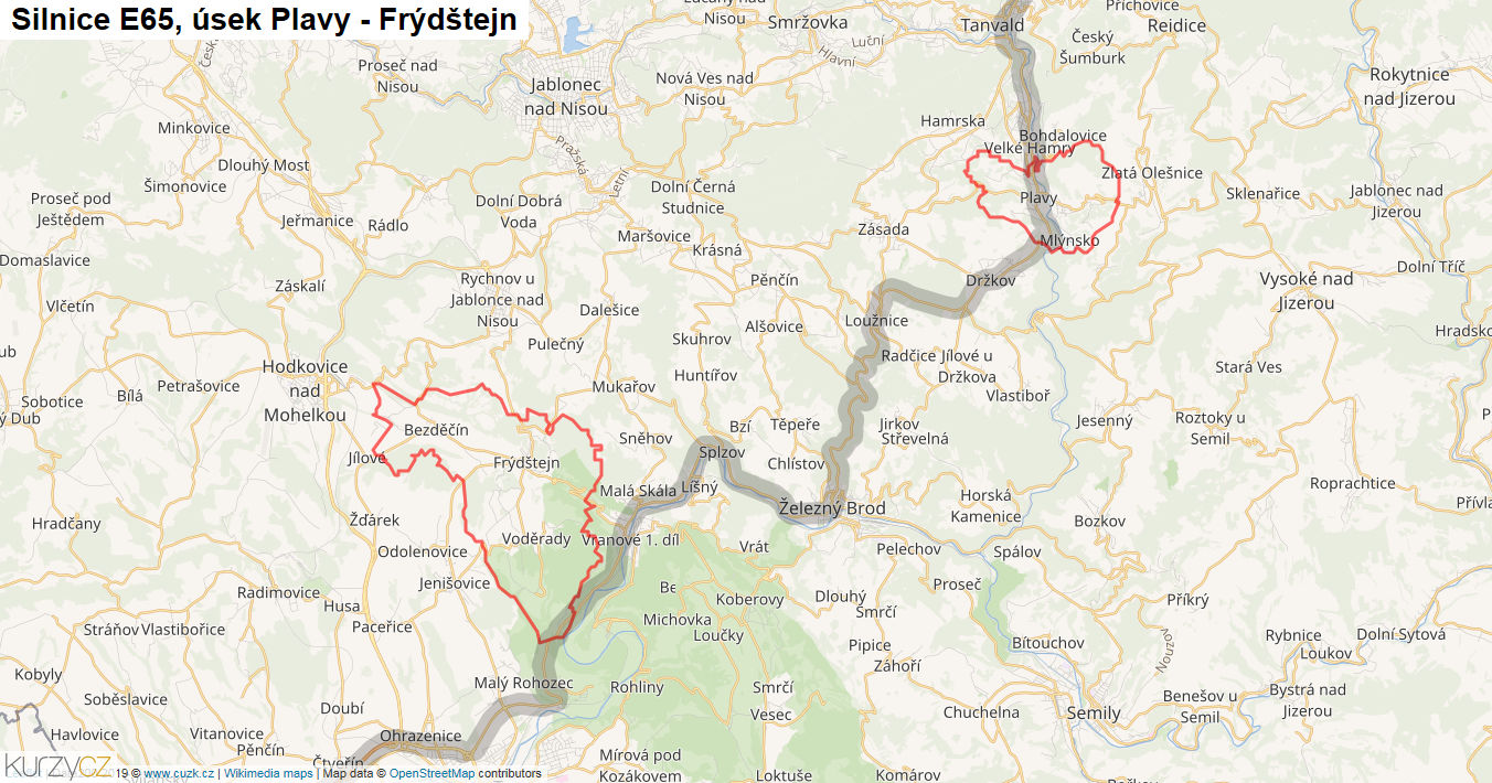 Úsek Plavy - Frýdštejn, Silnice E65 - Mapa