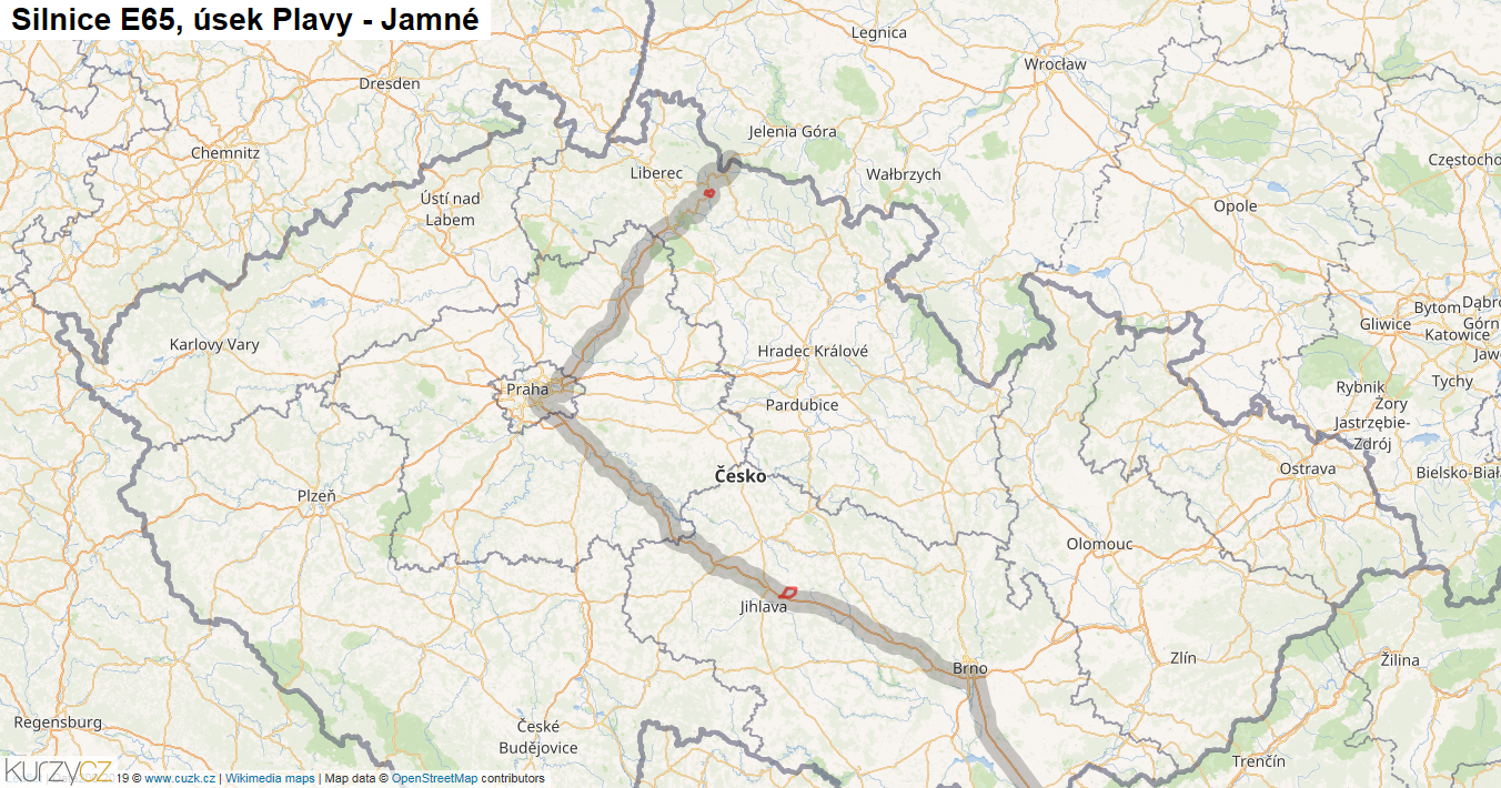 Úsek Plavy - Jamné, Silnice E65 - Mapa