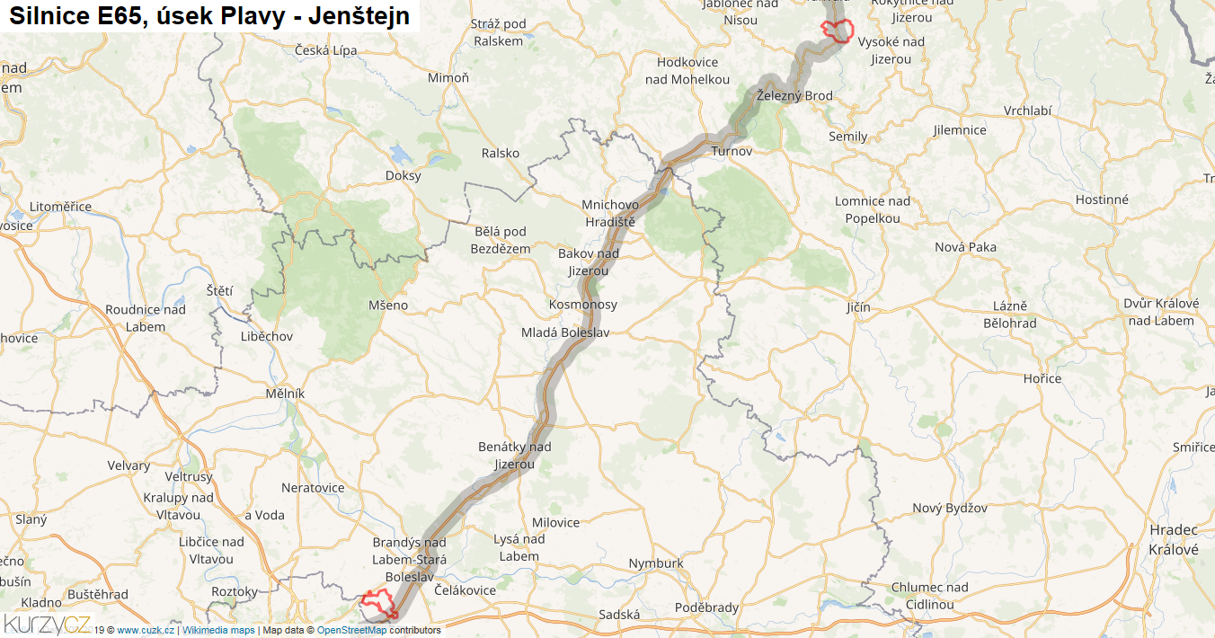 Úsek Plavy - Jenštejn, Silnice E65 - Mapa