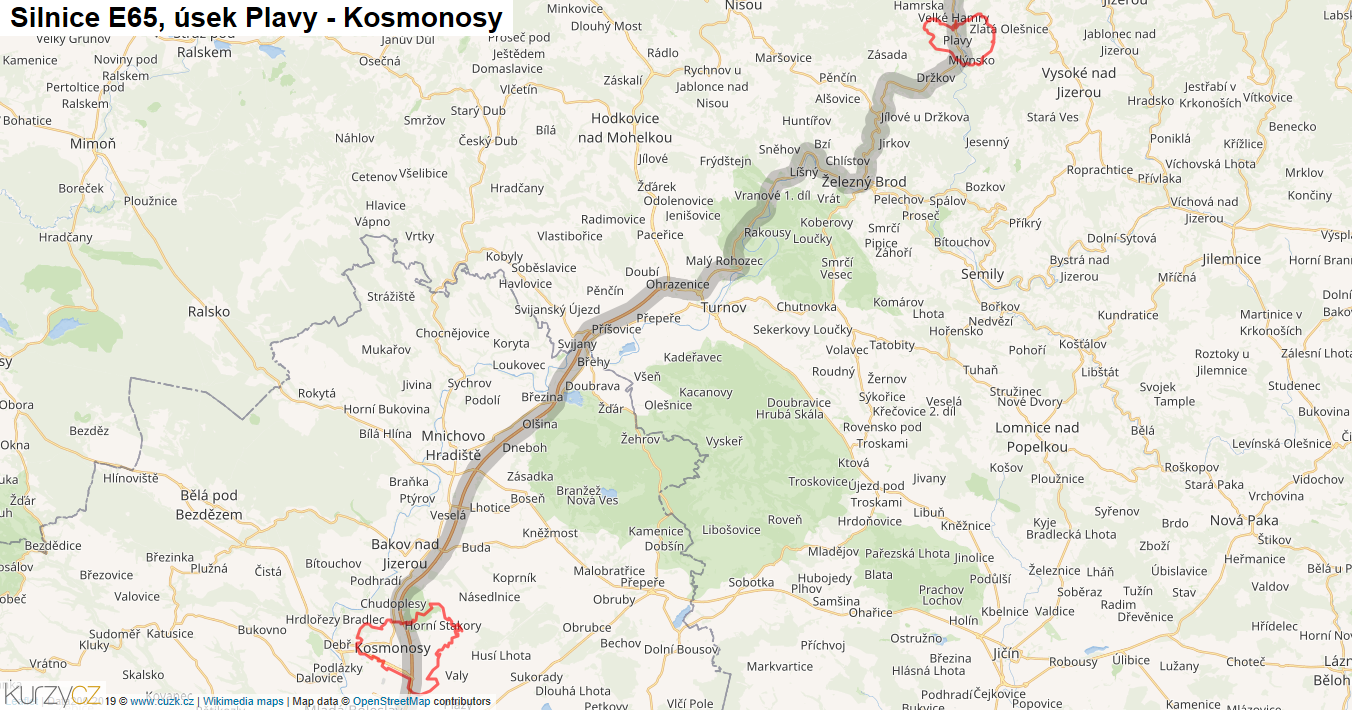 Úsek Plavy - Kosmonosy, Silnice E65 - Mapa