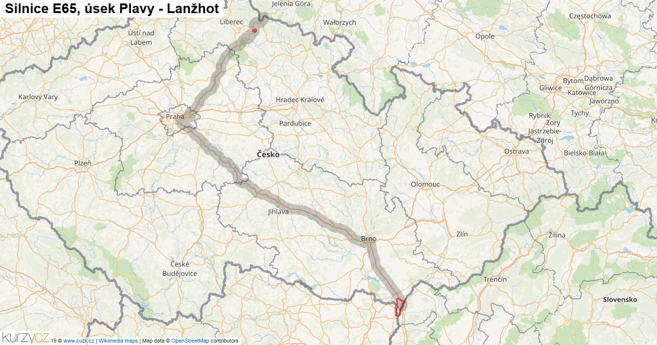 Úsek Plavy - Lanžhot, Silnice E65 - Mapa