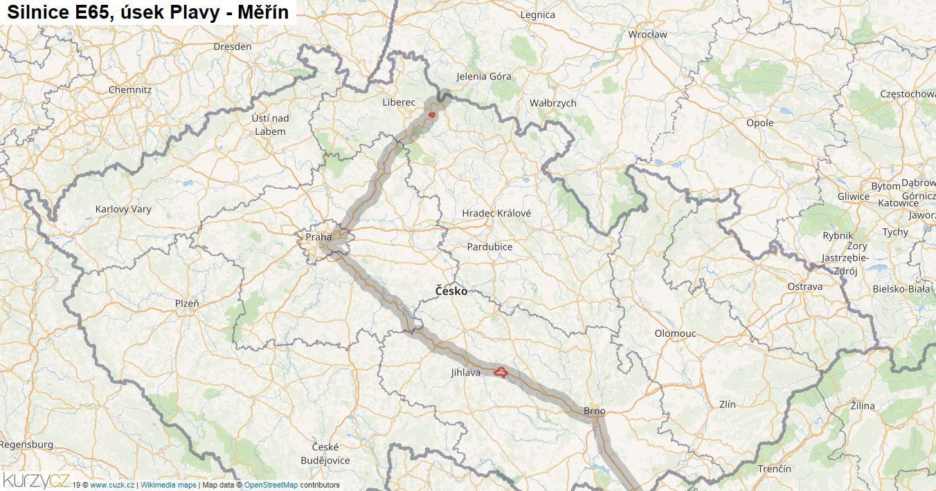 Úsek Plavy - Měřín, Silnice E65 - Mapa