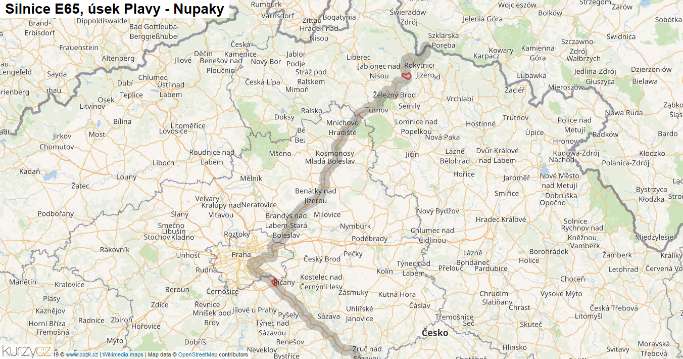 Úsek Plavy - Nupaky, Silnice E65 - Mapa
