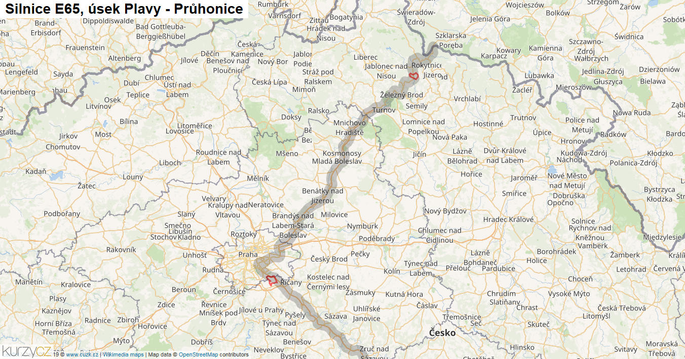 Úsek Plavy - Průhonice, Silnice E65 - Mapa