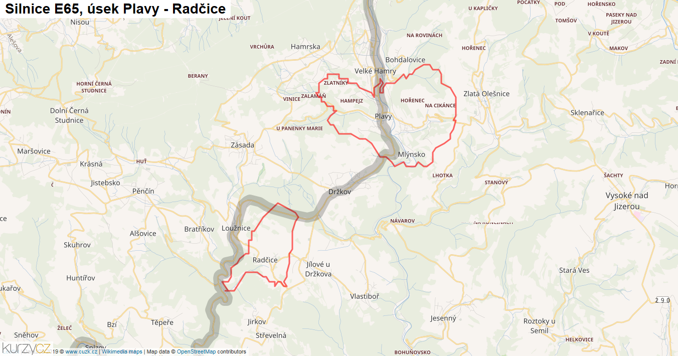 Úsek Plavy - Radčice, Silnice E65 - Mapa