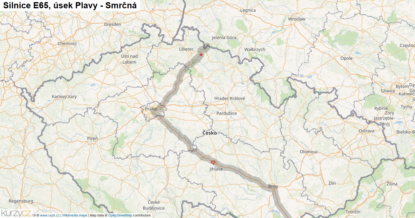 Úsek Plavy - Smrčná, Silnice E65 - Mapa