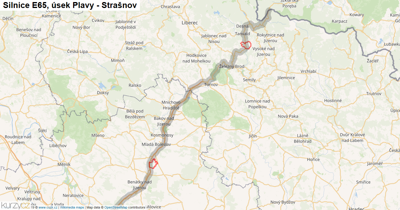 Úsek Plavy - Strašnov, Silnice E65 - Mapa