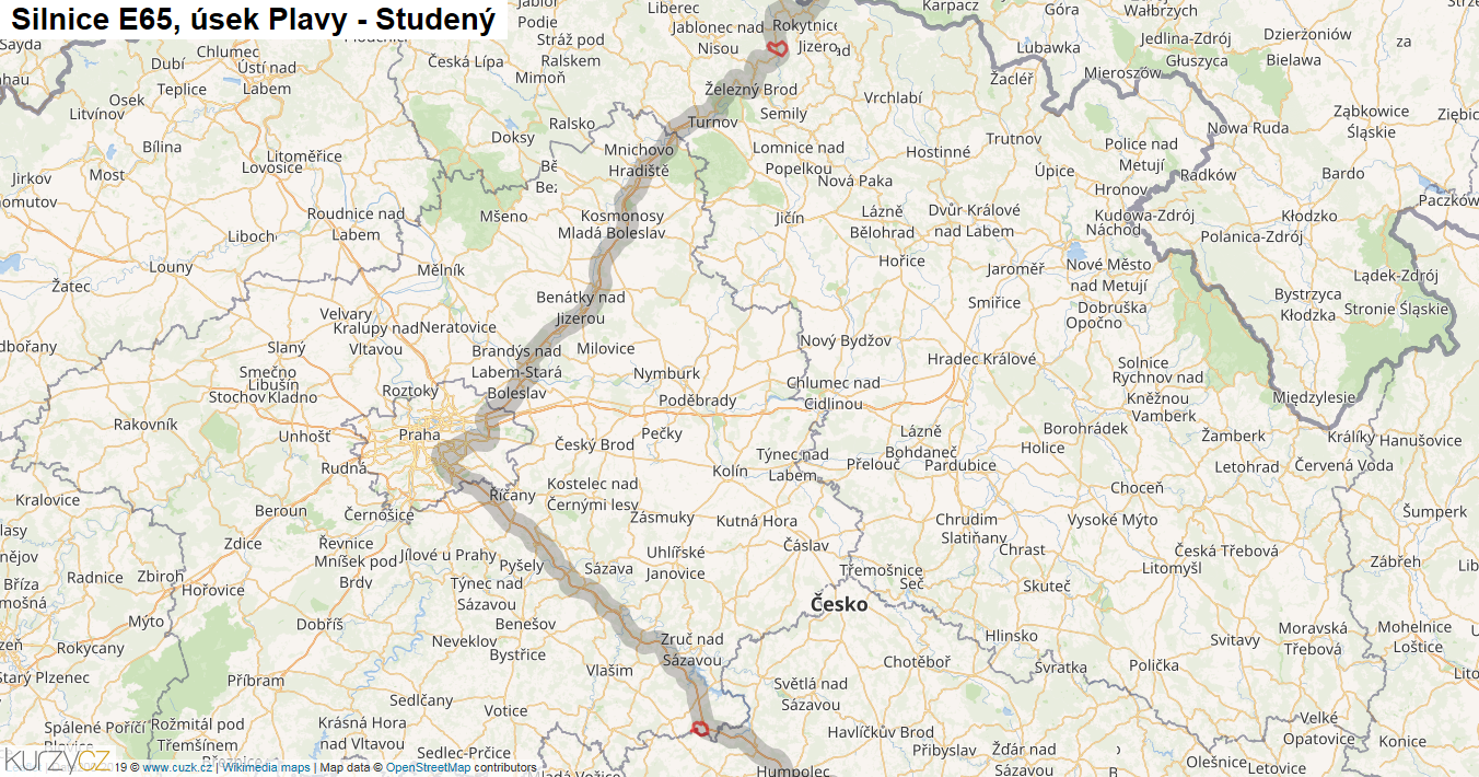 Úsek Plavy - Studený, Silnice E65 - Mapa