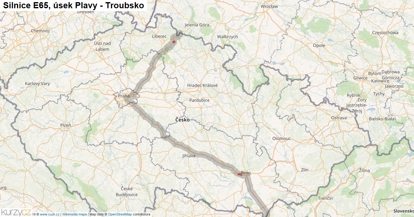 Úsek Plavy - Troubsko, Silnice E65 - Mapa