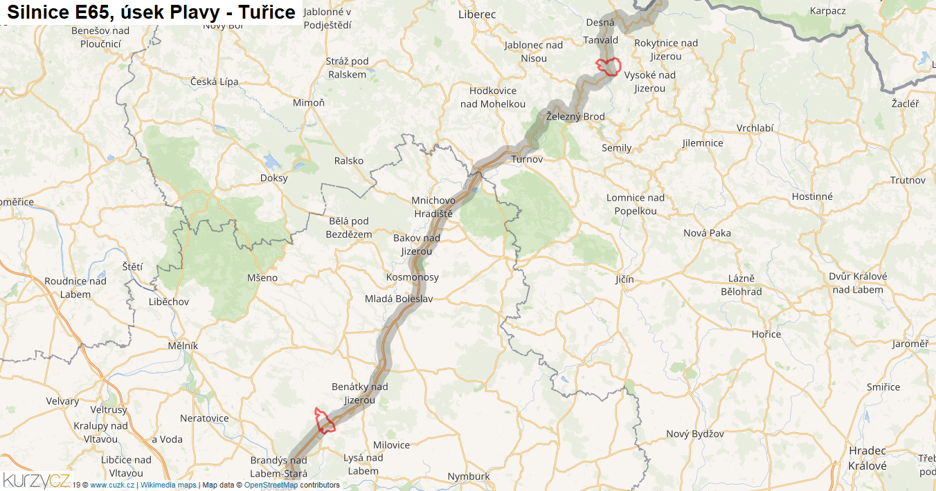 Úsek Plavy - Tuřice, Silnice E65 - Mapa