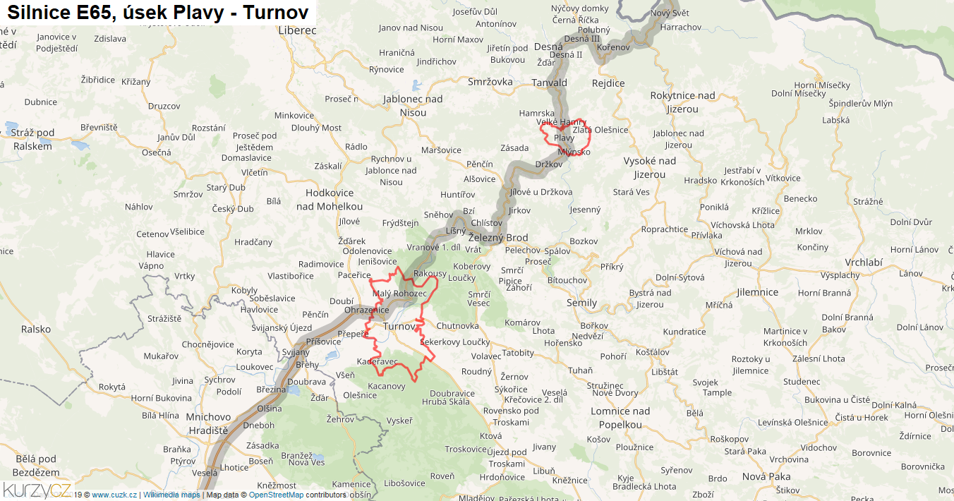 Úsek Plavy - Turnov, Silnice E65 - Mapa