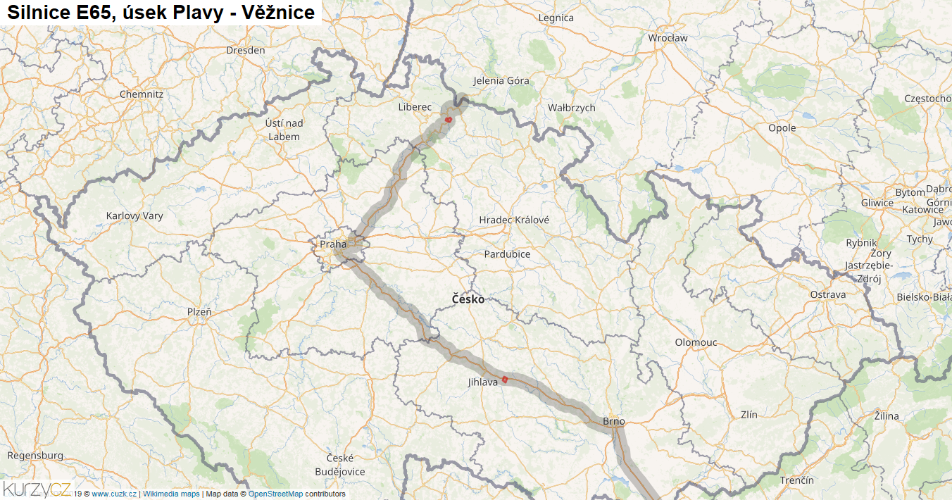 Úsek Plavy - Věžnice, Silnice E65 - Mapa