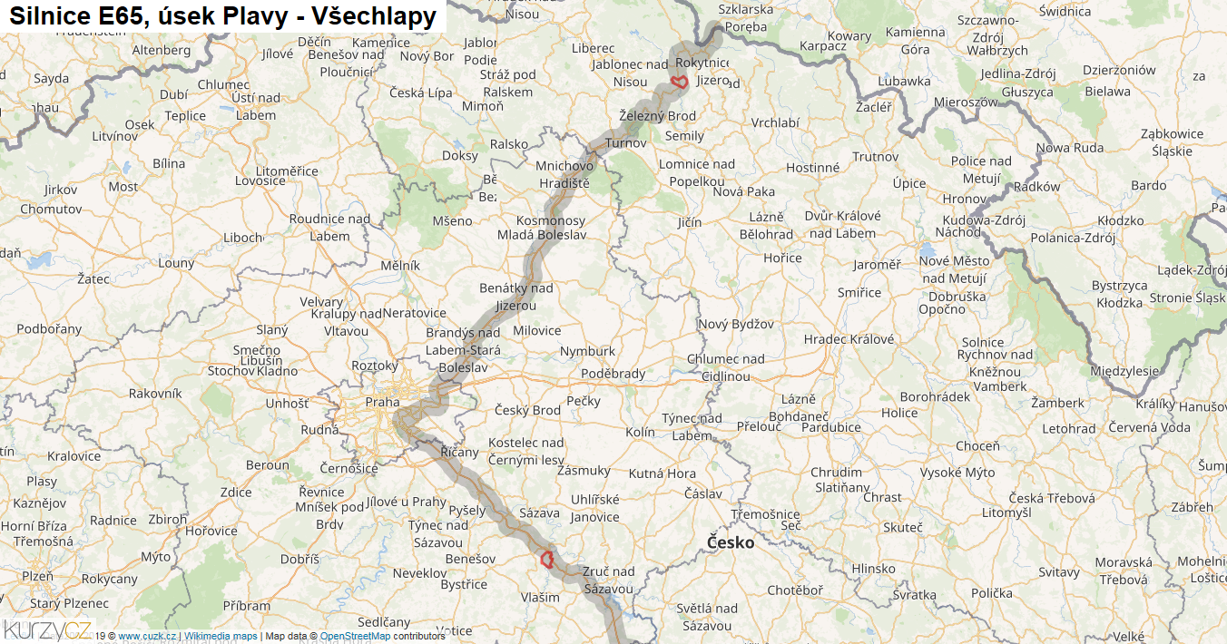 Úsek Plavy - Všechlapy, Silnice E65 - Mapa