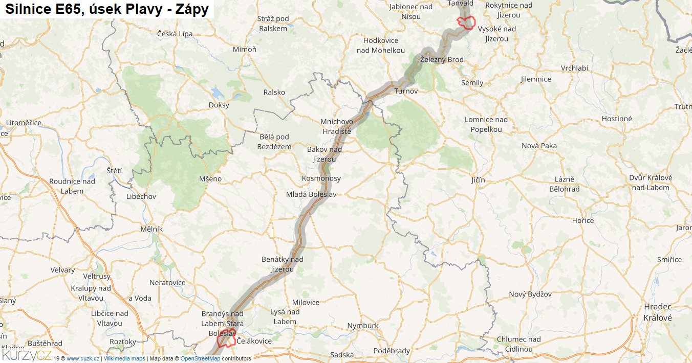 Úsek Plavy - Zápy, Silnice E65 - Mapa