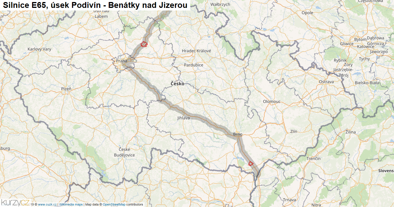 Úsek Podivín - Benátky nad Jizerou, Silnice E65 - Mapa