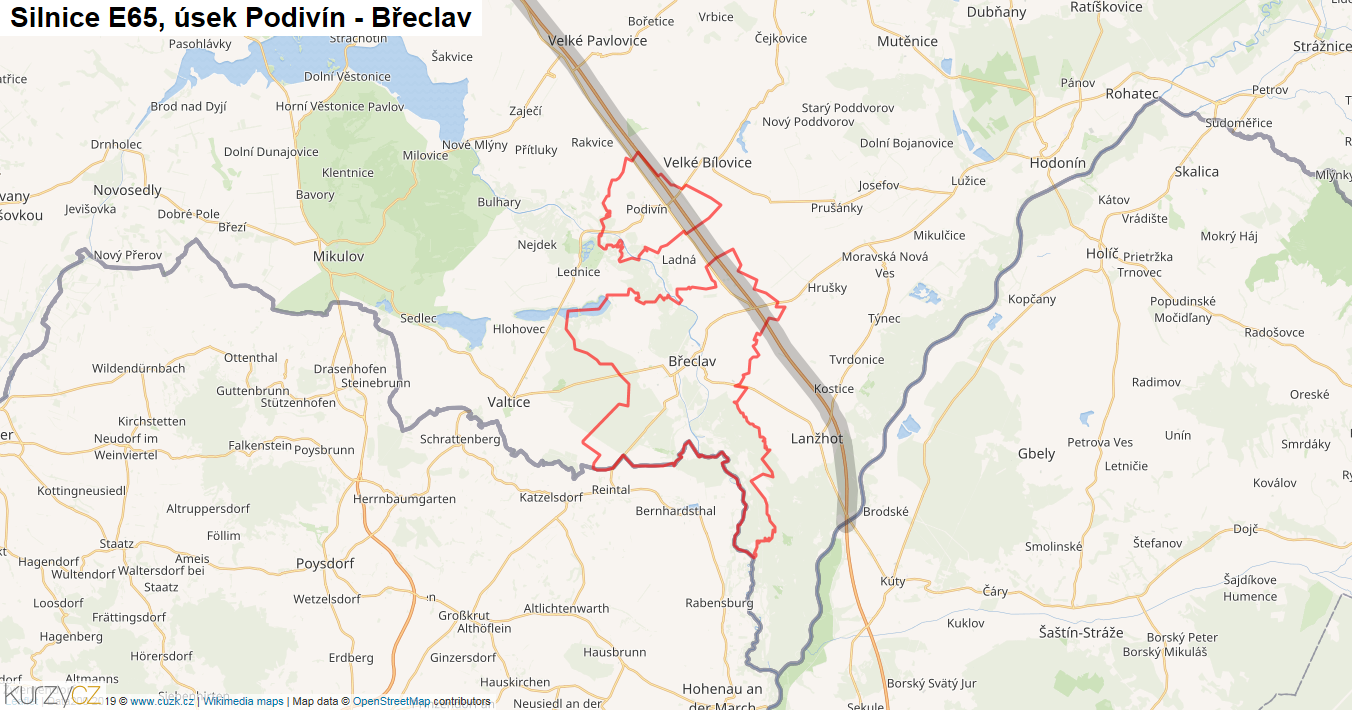 Úsek Podivín - Břeclav, Silnice E65 - Mapa