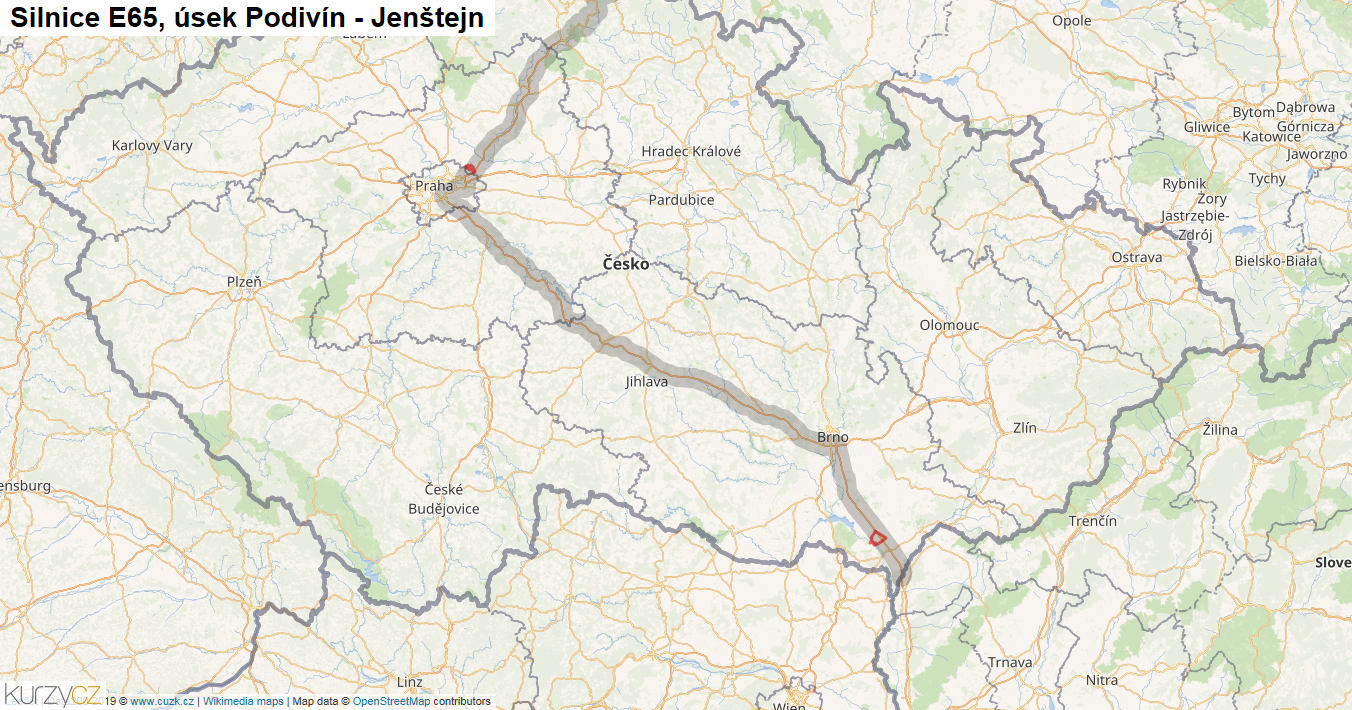 Úsek Podivín - Jenštejn, Silnice E65 - Mapa