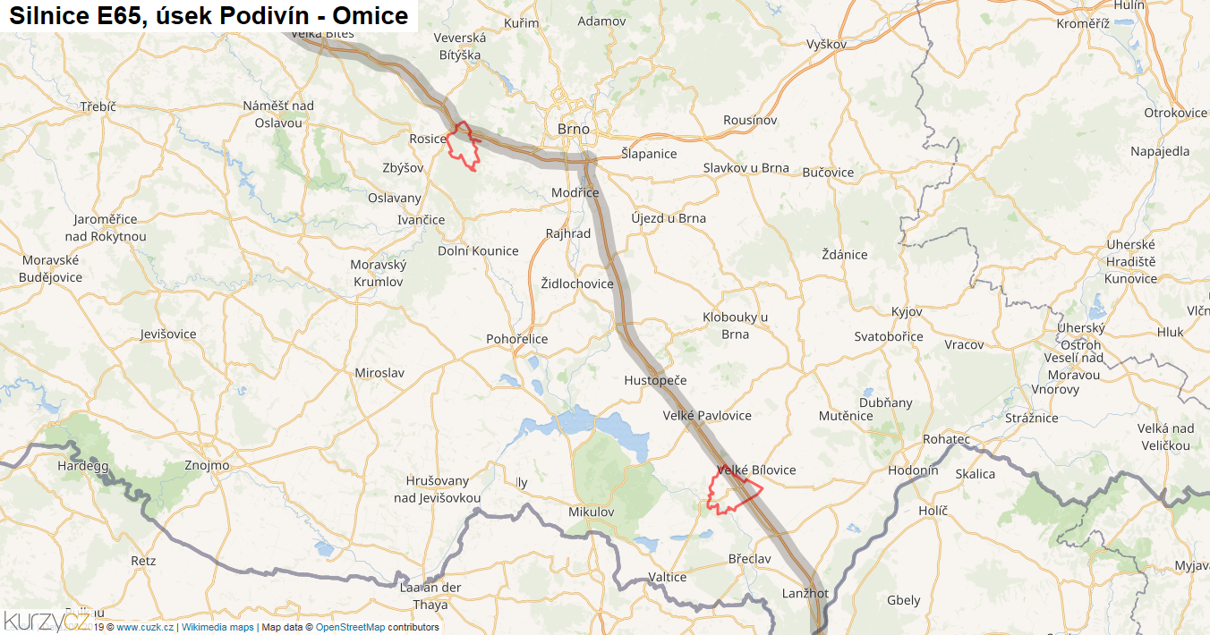 Úsek Podivín - Omice, Silnice E65 - Mapa