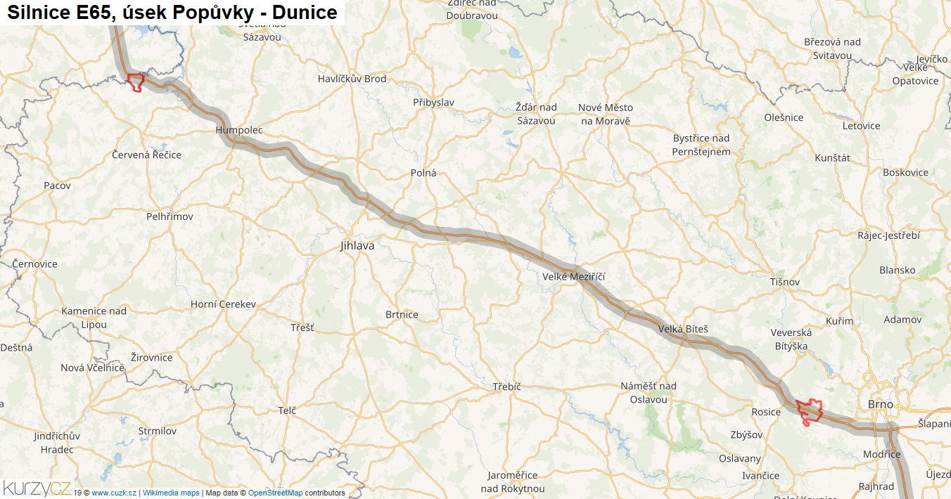 Úsek Popůvky - Dunice, Silnice E65 - Mapa