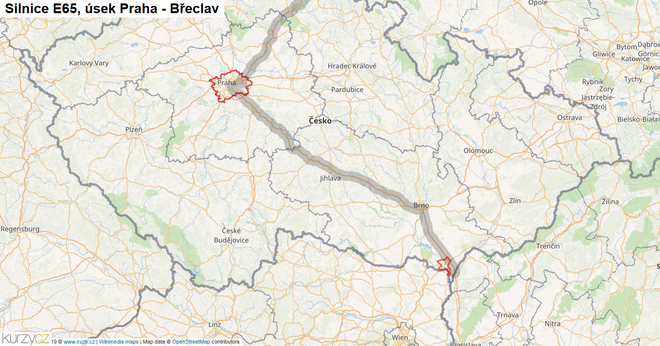 Úsek Praha - Břeclav, Silnice E65 - Mapa