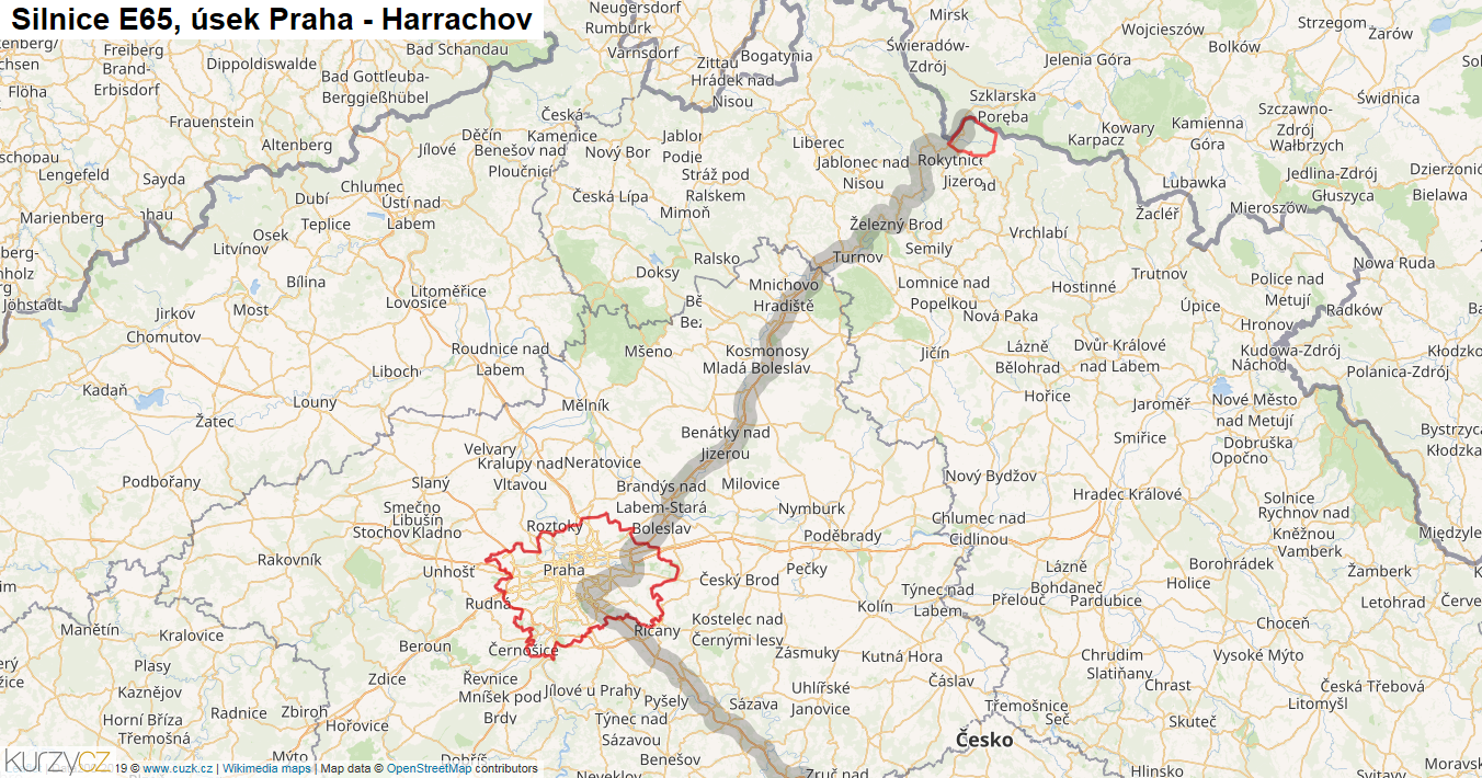 Úsek Praha - Harrachov, Silnice E65 - Mapa
