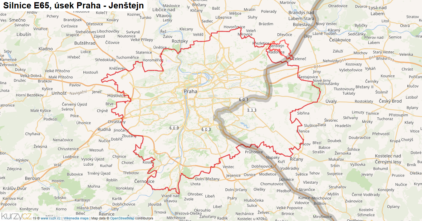 Úsek Praha - Jenštejn, Silnice E65 - Mapa