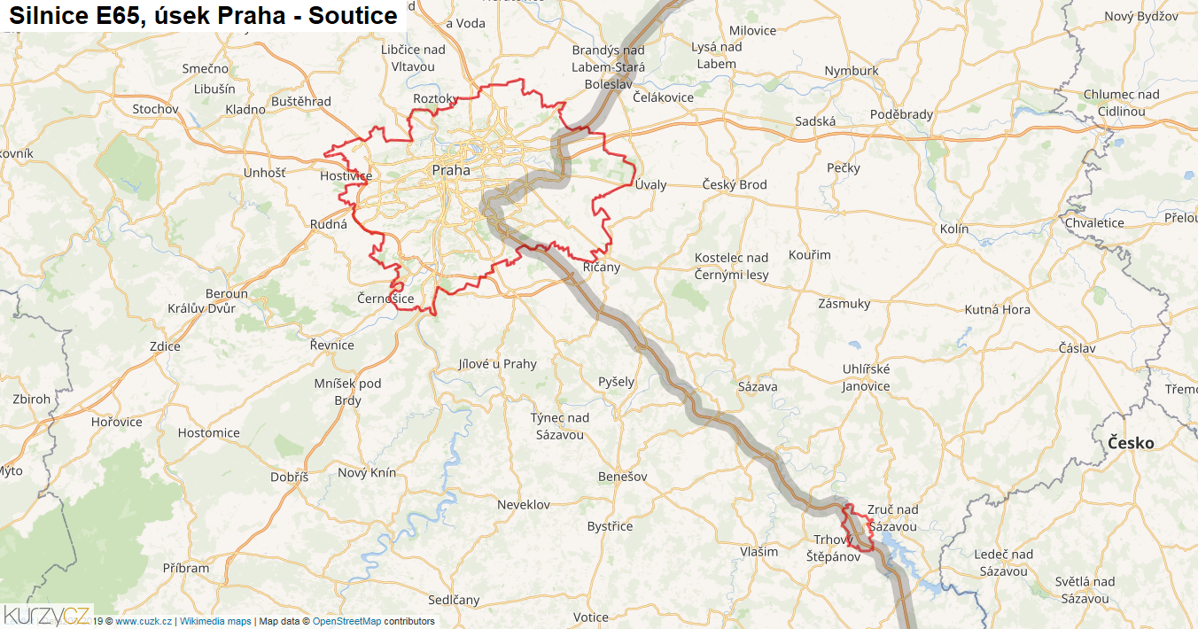 Úsek Praha - Soutice, Silnice E65 - Mapa