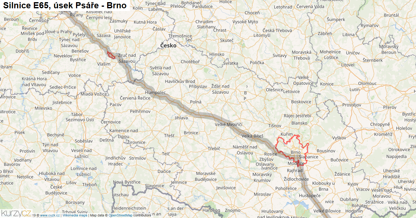 Úsek Psáře - Brno, Silnice E65 - Mapa