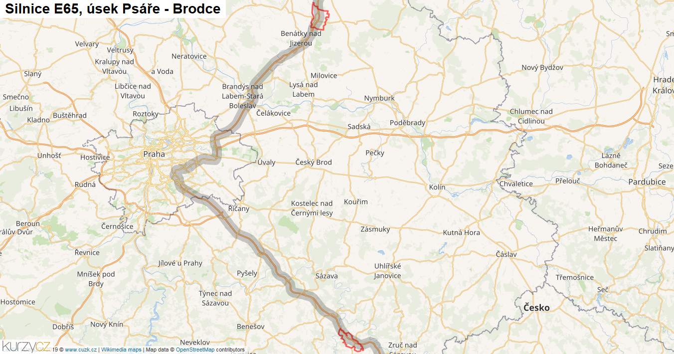 Úsek Psáře - Brodce, Silnice E65 - Mapa