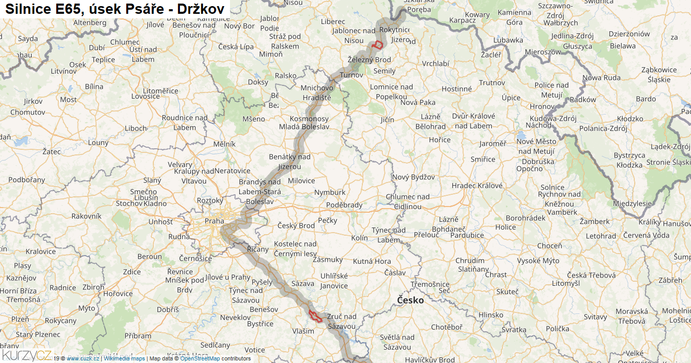Úsek Psáře - Držkov, Silnice E65 - Mapa