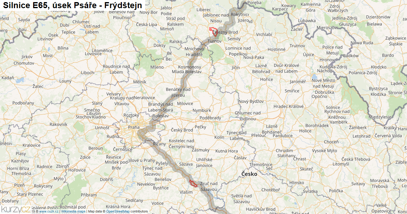 Úsek Psáře - Frýdštejn, Silnice E65 - Mapa