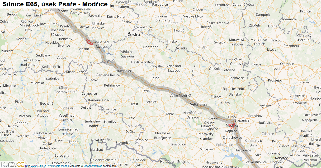Úsek Psáře - Modřice, Silnice E65 - Mapa
