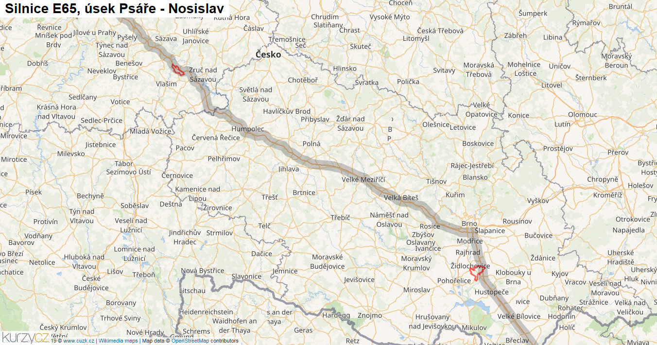Úsek Psáře - Nosislav, Silnice E65 - Mapa