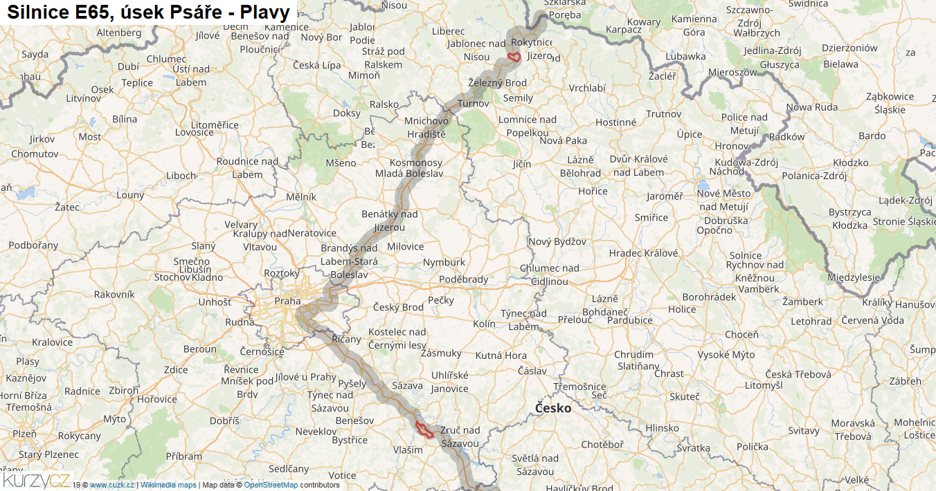 Úsek Psáře - Plavy, Silnice E65 - Mapa