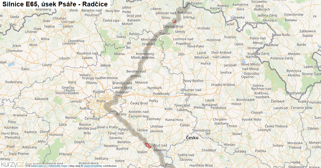 Úsek Psáře - Radčice, Silnice E65 - Mapa