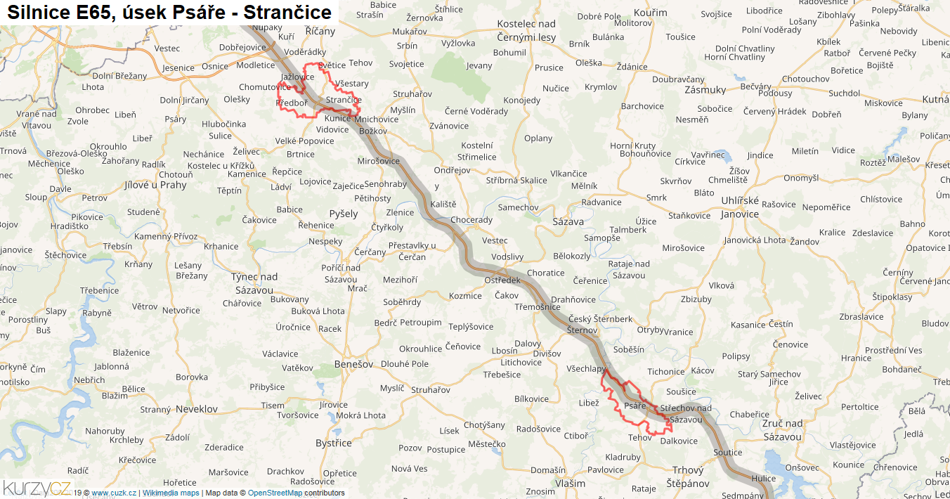 Úsek Psáře - Strančice, Silnice E65 - Mapa
