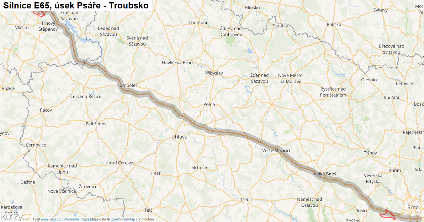 Úsek Psáře - Troubsko, Silnice E65 - Mapa