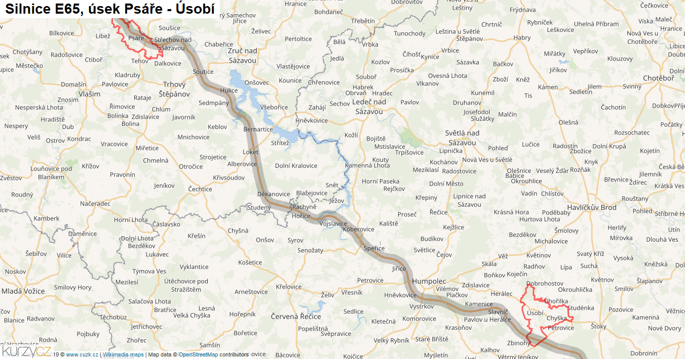 Úsek Psáře - Úsobí, Silnice E65 - Mapa
