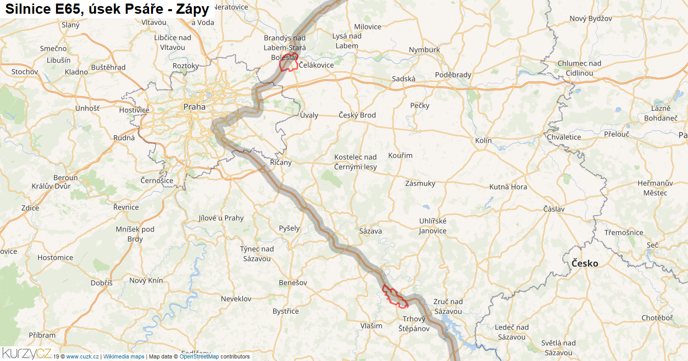 Úsek Psáře - Zápy, Silnice E65 - Mapa