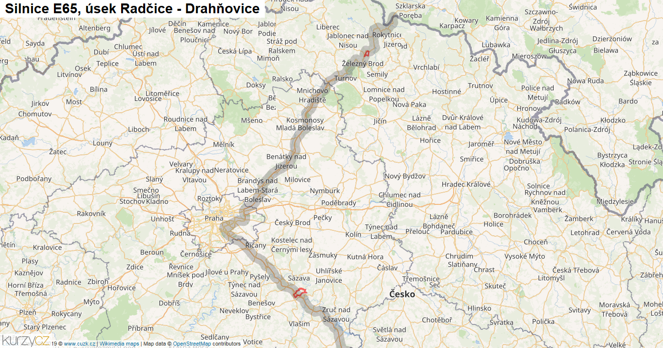 Úsek Radčice - Drahňovice, Silnice E65 - Mapa