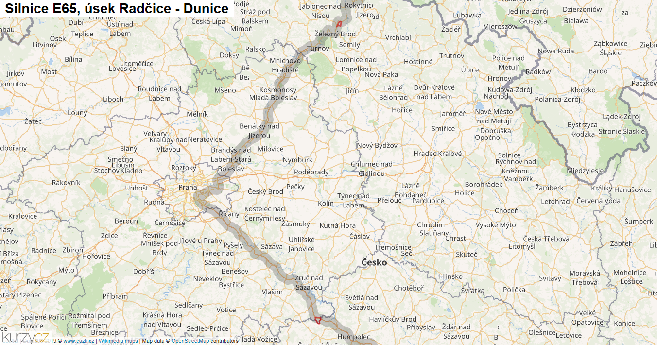 Úsek Radčice - Dunice, Silnice E65 - Mapa