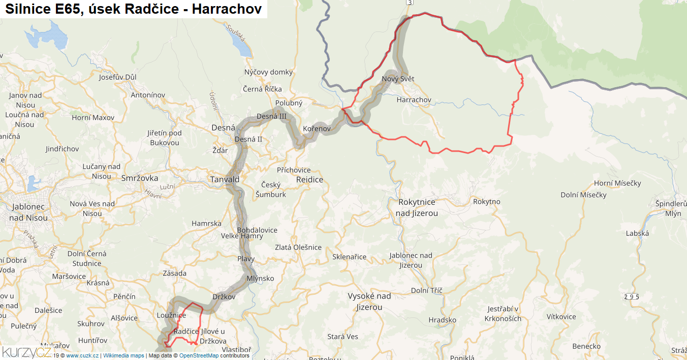 Úsek Radčice - Harrachov, Silnice E65 - Mapa