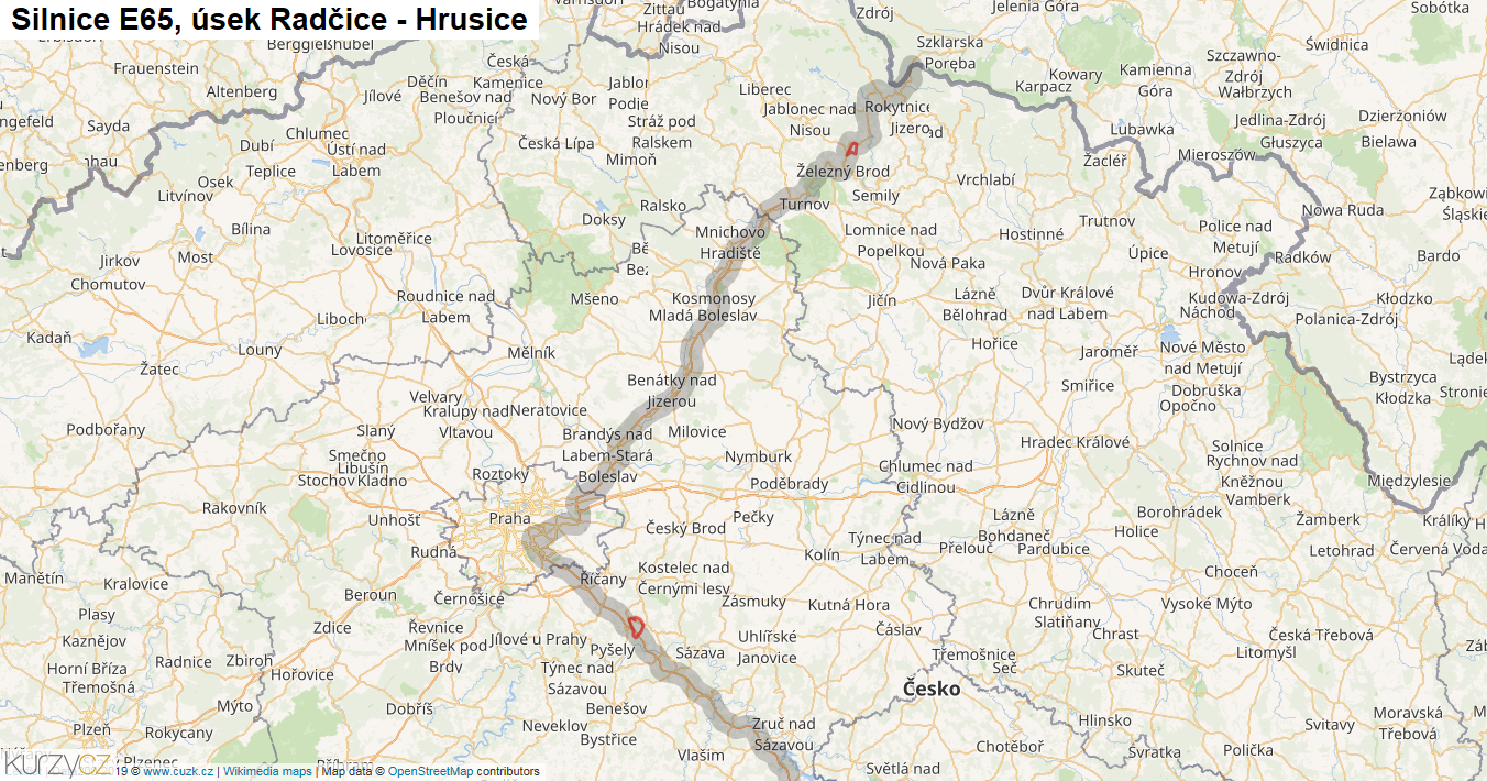 Úsek Radčice - Hrusice, Silnice E65 - Mapa