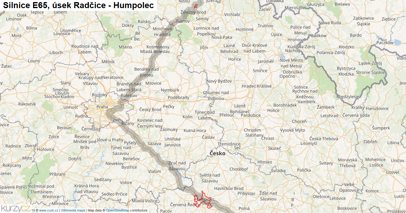 Úsek Radčice - Humpolec, Silnice E65 - Mapa