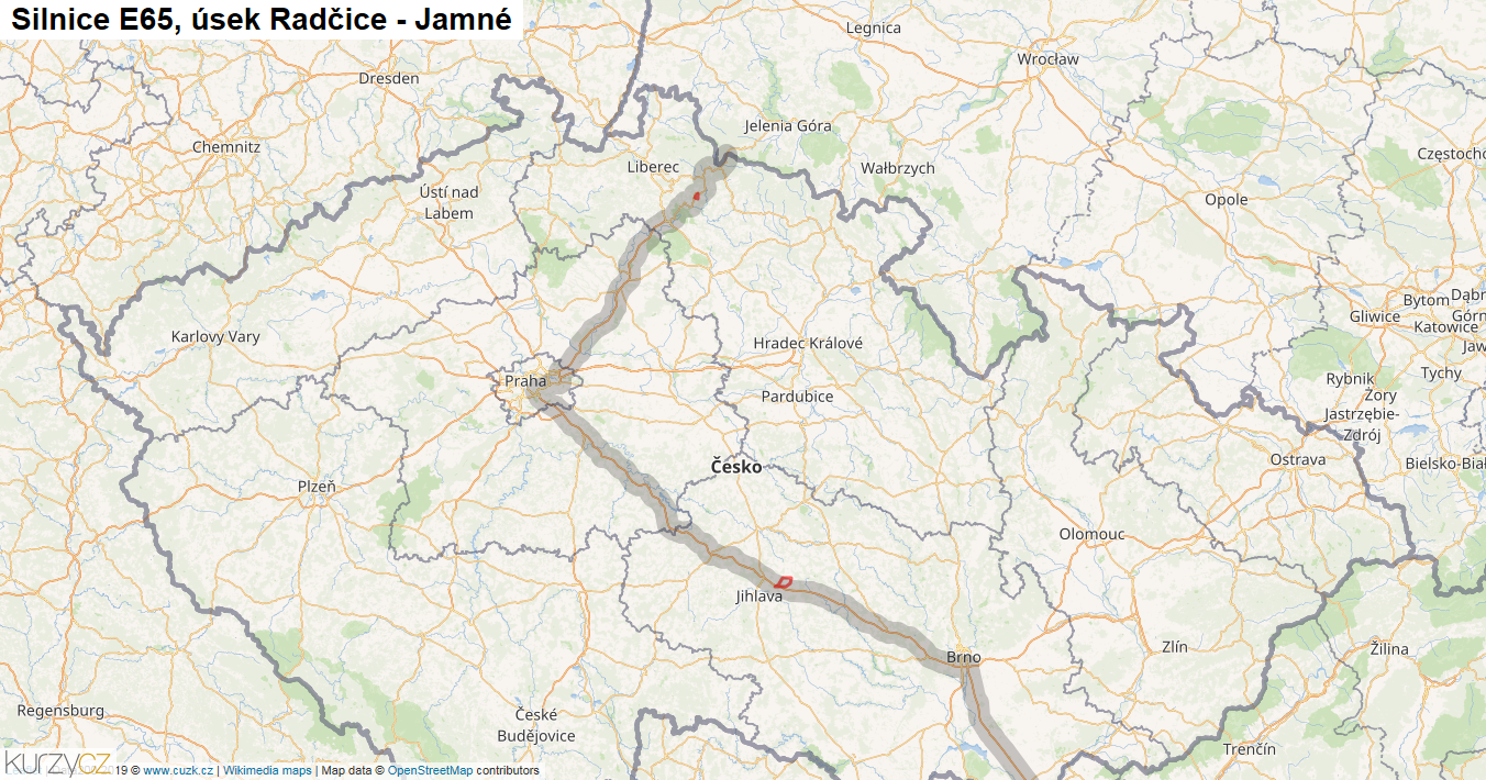Úsek Radčice - Jamné, Silnice E65 - Mapa