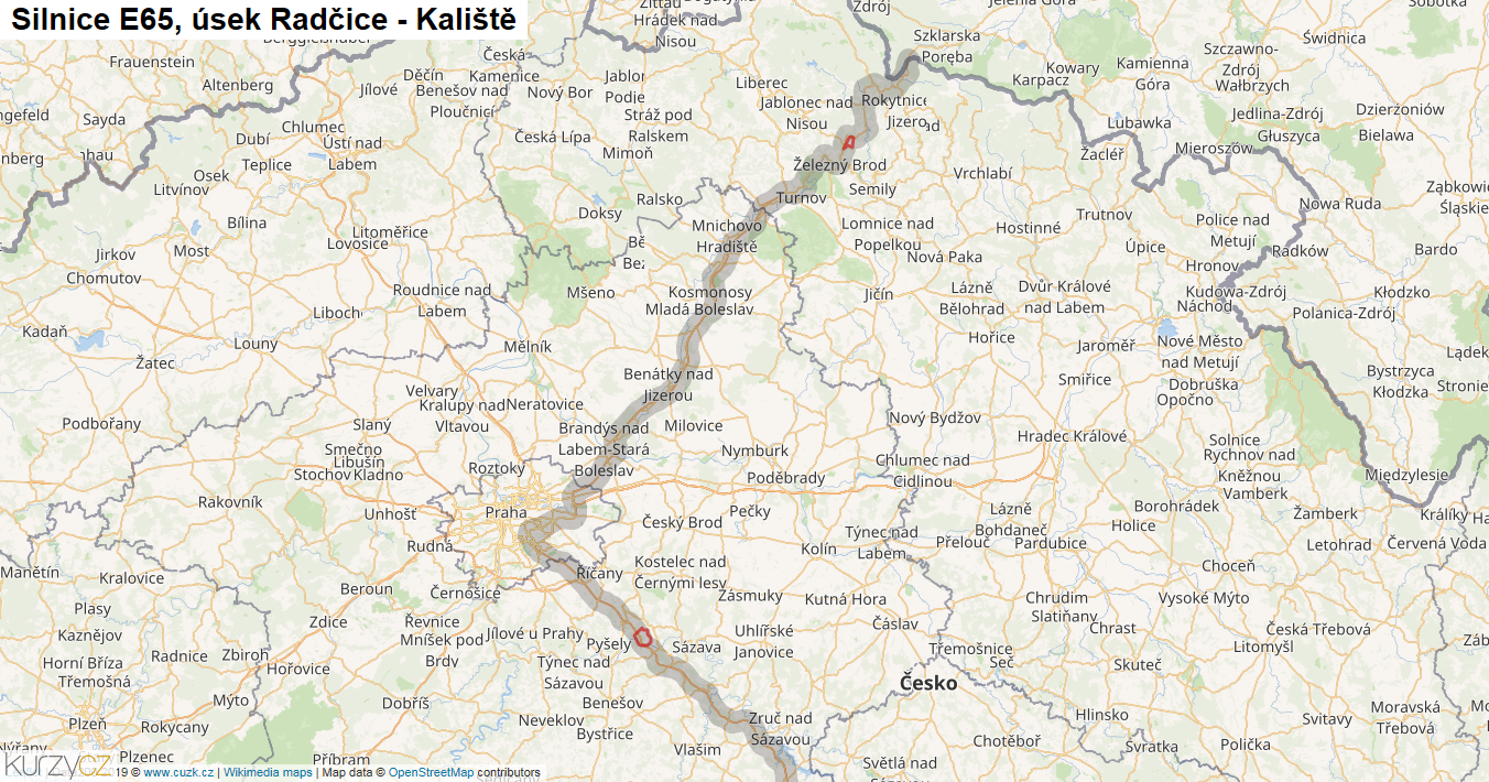 Úsek Radčice - Kaliště, Silnice E65 - Mapa