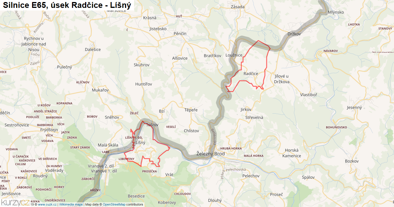 Úsek Radčice - Líšný, Silnice E65 - Mapa